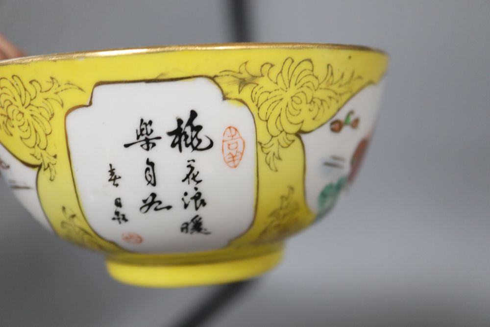A Chinese enamel porcelain bowl, Daoguang mark and another bowl, various spoons and coral beads